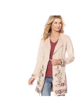 Curations faux suede floral embroidered trench coat  soft pink